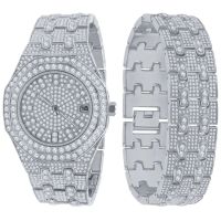 Full Iced Out Bling Uhr Armband Set - silber