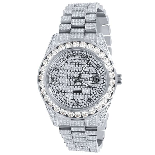 Iced Out CZ Stainless Steel Automatic Watch - silver