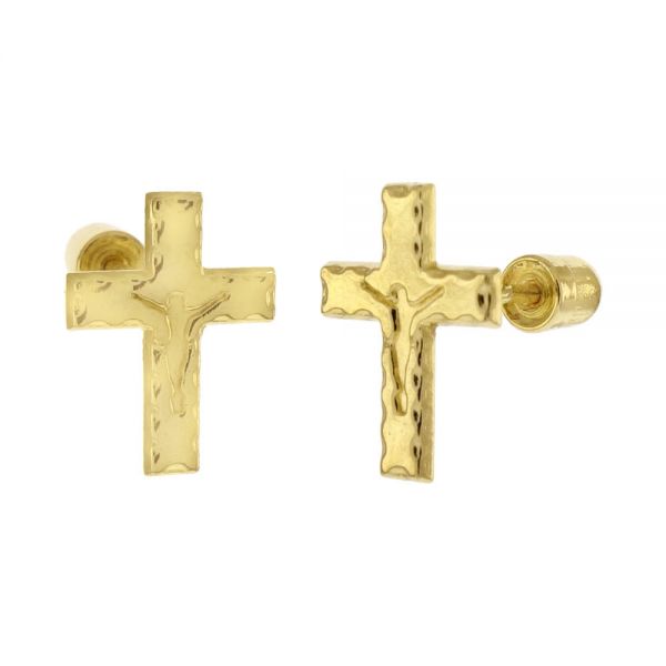 14K Yellow Gold Crucifix Cross Stud Screw Back Earrings