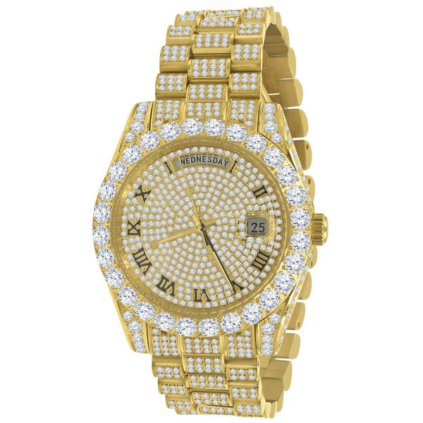 Fully Iced Out CZ Stainless Steel Quartz Watch - gold