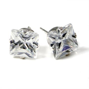 925 Sterling Silver Iced Out Bling Bling Ear Stud - SQUARE
