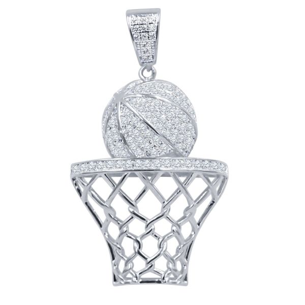 925 Sterling Silber Iced Out Anhänger - Basketball Korb