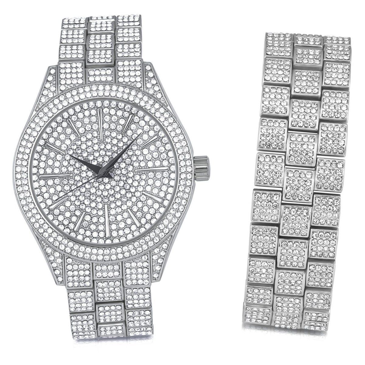 Full Iced Out Bling Uhr Armband Set – silber