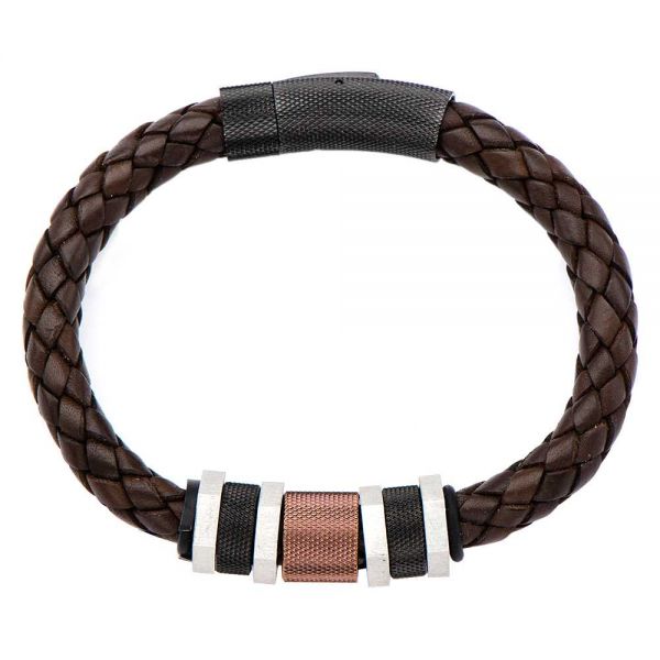 Men's Stainless Steel Black Brown Braided Leather Bracelet
