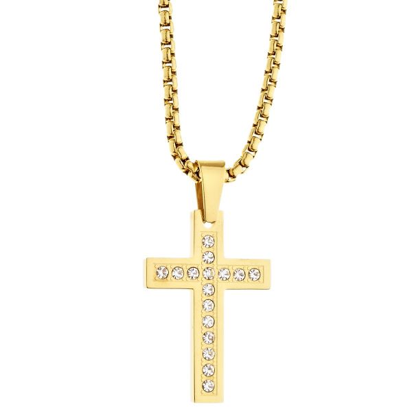 Iced Out Edelstahl Anhänger Kette - CZ Kreuz gold