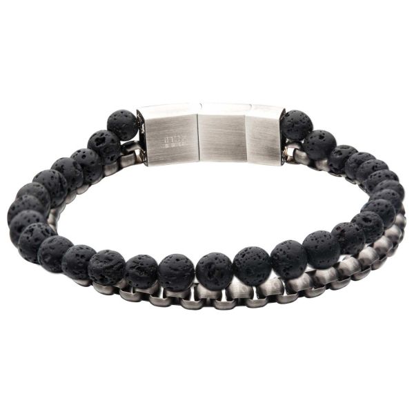 Men's Stainless Steel Bracelet with Lava Beads and Box Chain