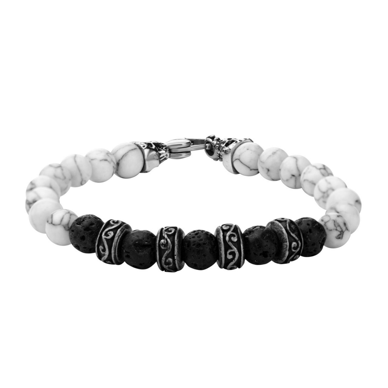 Herren Edelstahl Armband mit Totenkopf, Lava und Howlith