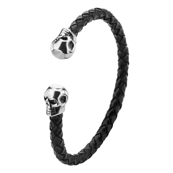 Bracelet manchette homme en cuir tressé avec tête de mort