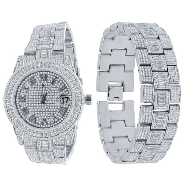 Full Iced Out Bling Watch Bracelet Set - silver