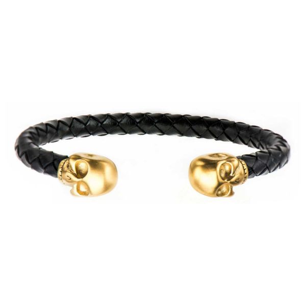 Men's Black Braided Leather Skull Cuff Bracelet gold