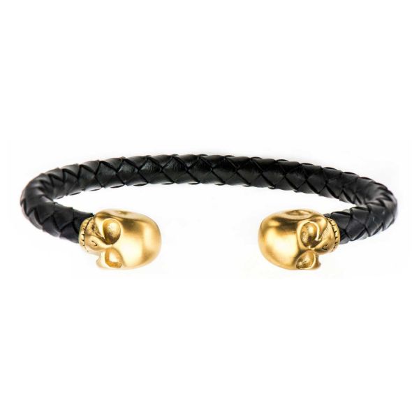 Bracelet manchette homme en cuir tressé avec tête de mort