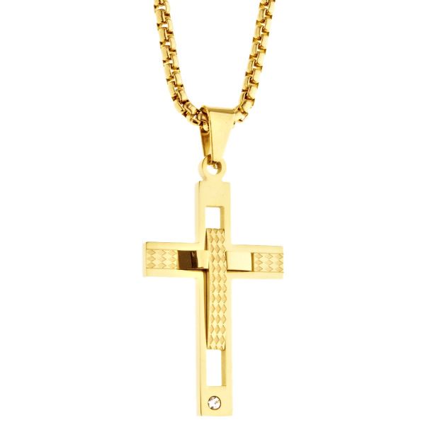Iced Out Stainless Steel Pendant Chain - CZ Cross gold