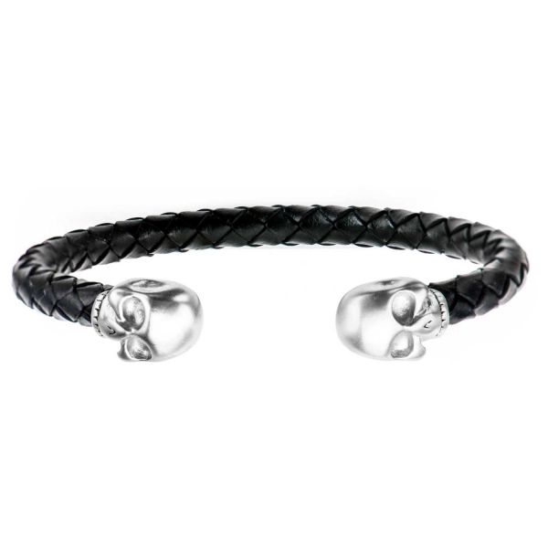 Men's Black Braided Leather Skull Cuff Bracelet