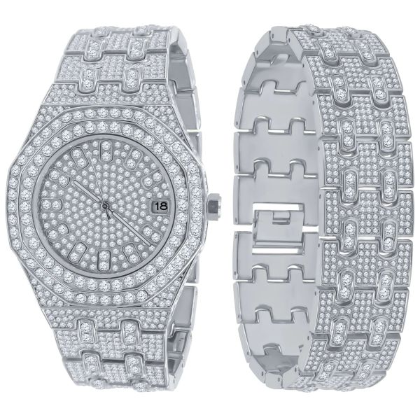 Full Iced Out Bling Watch Bracelet Set - silver