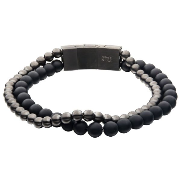Men's Stainless Steel Bracelet with Onyx and Gun Metal Beads