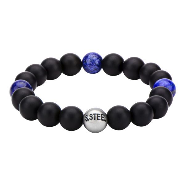 Men's Stainless Steel Black Onyx Bracelet with Lapis Beads
