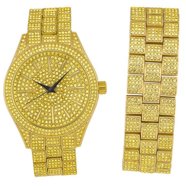 Full Iced Out Bling Montre Bracelet Set - doré / gold