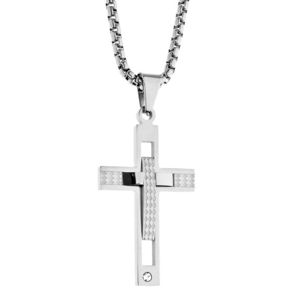 Iced Out Edelstahl Anhänger Kette - CZ Kreuz silber