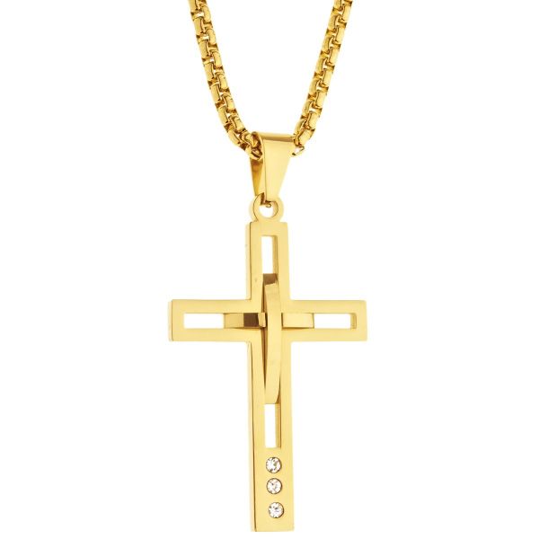 Iced Out Edelstahl Anhänger Kette - CZ Kreuz gold