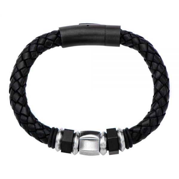 Men's Stainless Steel IP Black Bead Braided Leather Bracelet