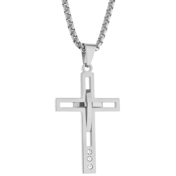 Iced Out Stainless Steel Pendant Chain - CZ Cross silver
