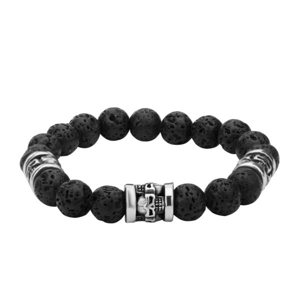 Black Lava Satin Finish Beads Bracelet with Skull Head